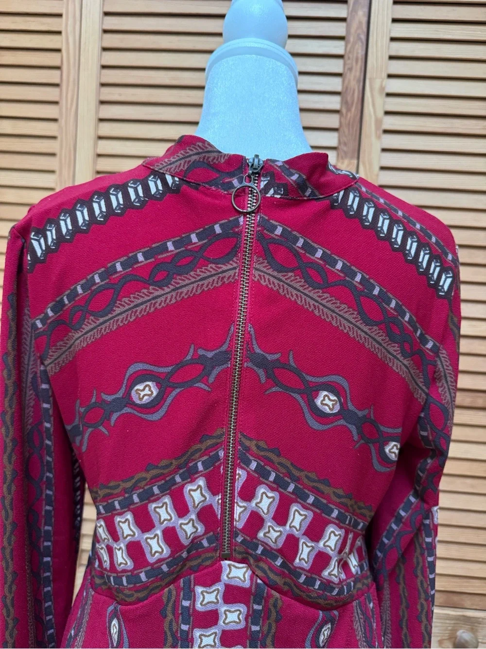 Free People Stella Long Sleeve Mini Dress Red Geo Print Retro 70s Boho M